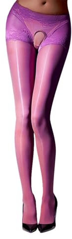 Collant da donna con ouvert, olio lucido, elastico, collant sportivi e sexy, Lilla, L