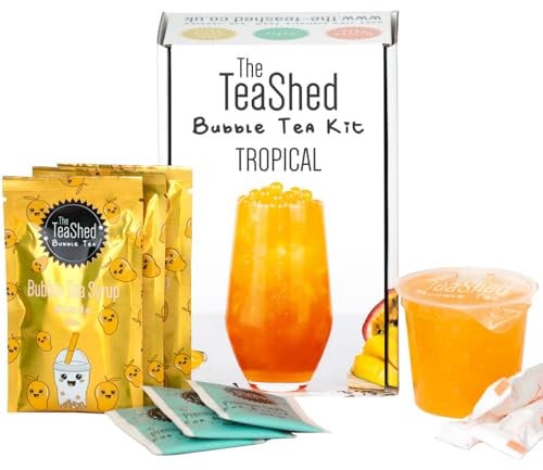 Bubble Tea Kit Gift Box | Tropical Flavour | Mango Bubble Tea Syrup, Passion Fruit Popping Boba, Premium Tea and Paper Straws | Makes 3 Bubble Teas | Vegan | by THE TEASHED