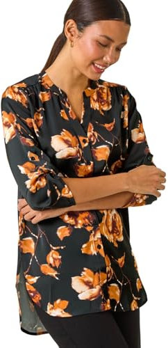 Roman Originals Shirt Top for Women UK Ladies Collarless Blouse Smart Tunic Button Through Longline Asymmetric Hem 3/4 Length Roll Up Sleeves V Neck Going Out - Size 14 - Gold