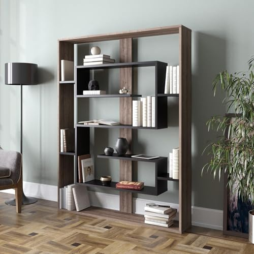 Hanah Home Modern Walnut & Black Bookshelf, 120 x 156 x 22 cm | 100% Melamine Coated Particle Board, 18 mm Thick | Wall-Mountable, Stylish Storage Solution