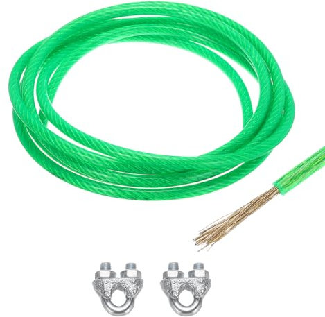 QUARKZMAN 8Mm (5/16 Pulgadas) Cable de Acero Galvanizado Recubierto de Vinilo Verde, Cable de Alambre de 3 Metros / 10 Pies con 2 Lazos M8 para Colgar Luces, Barandilla de Cubierta