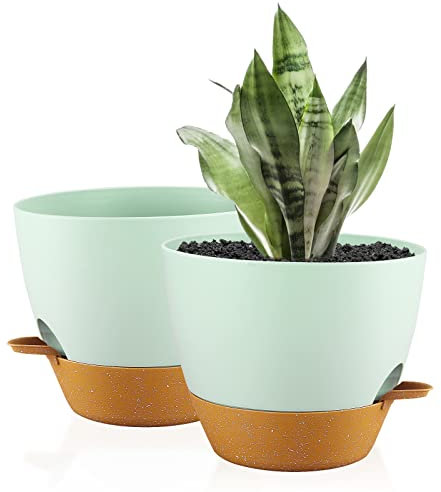 FORAGIFT 25cm Self-Watering Plant Pots Indoor, 2 Pack Large Plastic Plant Pots with Deep Reservior and High Drainage Holes for Indoor Outdoor Plants and Flowers, Green with Terracotta