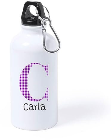 Botella Personalizada Inicial y Nombre Cuadro Vichy Botellas de Agua Aluminio Regalo Niño Niña Comunión Cumpleaños Bautizo (Morado)