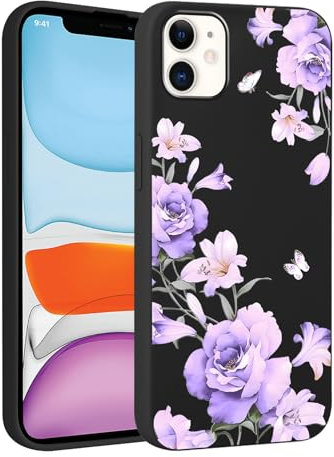 Phoona Black Purple Flowers Print Phone Case for iPhone 11 6.1, with Floral Aesthetics Pattern Design Soft Silicone Cases, Shockproof Bumper Protector Camera Girls Women Cover, for iPhone 11