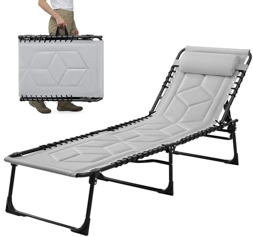 Palawano Tumbona Plegable con Respaldo Ajustable 5 Posiciones, Cama de Camping con Cojín, Tumbona Exterior Portátil para Jardín, Playa, Piscina, Balcón e Interior (Gris)