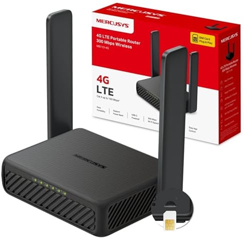 Mercusys MB113-4G Router WiFi con Sim, Wifi Portatile, 2 Antenne Pieghevoli, 4G LTE Wireless N300Mbps,Porta LAN+ Porta LAN/WAN, USB-C, Ricarica da Power Bank, VPN（Client/Server）, SMS, APP, Plug&Play | Internet senza fibra ottica ovunque. Inserire la scheda SIM e il gioco è fatto. Sicurezza bambini. App Mercusys.