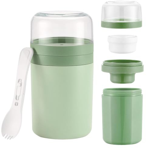 PHMING 2 in1 Tazza Yogurt to Go, 520 ml + 250 ml Porta Yogurt e Cereali | Verde Tazza di Cereali Portatile, con Cucchiaio, Ideale per Yogurt, Latte e Porridge