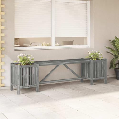 YUTAASU Panca da giardino con 2 fioriere da 150 cm, in legno massiccio di acacia, grigio, per terrazze ed esterni, robusta panca con fioriere integrate in legno, mobili da giardino
