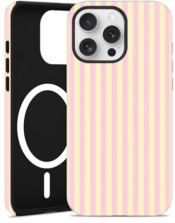 Jusy Aesthetic Stripes Magnetic Case for iPhone 13 Pro Max, Pink Yellow | Compatible with MagSafe, Cute Striped Aesthetic Design, Wireless Charging, TPU and PC Shockproof