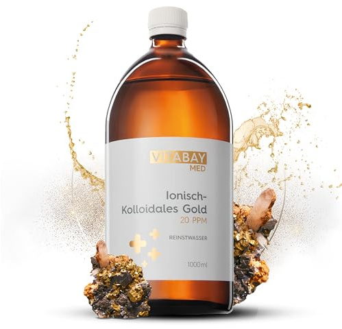 Vitabay Kolloidales Gold 20 PPM 1000 ml - In Braunglasflasche | 20PPM Goldwasser mit Reinheitsstufe 99,99% - Monoatomisches Gold ebenso gut wie Kolloidales Gold 100 PPM - Made in Germany…
