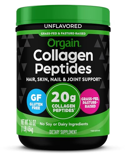 Orgain Hydrolyzed Collagen Peptides Powder For Women & Men, 20g Grass Fed Collagen, Unflavored - Hair, Skin, Nail, & Joint Support Supplement, Paleo & Keto, Non-GMO, Type I and III, 1lb
