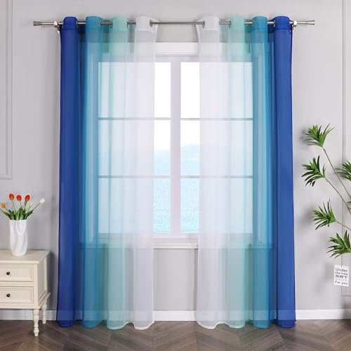 ESLIR Gardinen mit Ösen Vorhänge Gardinenschals Transparent Stores Gardinen Farbverlauf Voile Blau BxH 140x245cm 2 Stück
