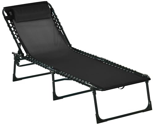 Outsunny Foldable Sun Lounger, Outdoor 4 Level Adjustable Backrest Reclining Chaise Chair, Steel Frame Recliner Chair for Camping, Hiking, Black