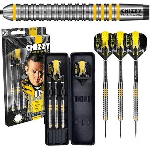 Harrows Dave Chisnall Chizzy“ Dartset mit 80% Wolframstahlspitze, 21 g, 22 g, 23 g und 24 g – inklusive schwarzen Midi-Supergrip-Schäften, Prime Flights und Reiseetui (23g)