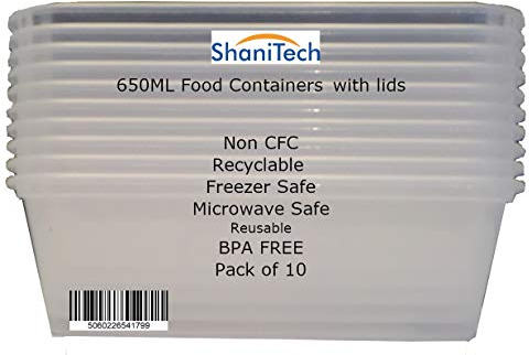 ShaniTech Pack of 10 Food Containers with Lids Heavy Duty Microwave & Freezer Safe Plastic Box Container (650ML)
