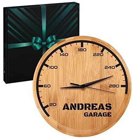 Maverton Vintage Wanduhr + Aufdruck - mit AA-Batterie betrieben - Durchmesser: 26cm - Uhr aus Bambus - Holz - Geschenk für Männer zum Geburtstag - Garage