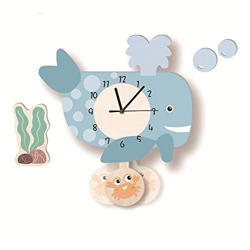 Kinder Uhr ohne Tickgeräusche, Kinderuhr für Kinderzimmer, Lautlos Uhrwerk, Wanduhr Wolken, Wanddeko Deko Jungs Mädchen (Wal)