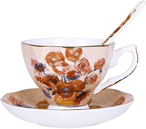 Eplze YBK Tech Bone China Cup and Saucer Set, 7oz Teacup - Design Inspired by Van Gogh's Paintings (Sunflower)