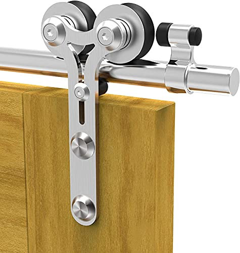 TSMST 183CM/6FT Stainless Steel Sliding Door Track Barn Door Hardware Kit Closet Rail Roller Accessory Double Wheel Ram Horn Style