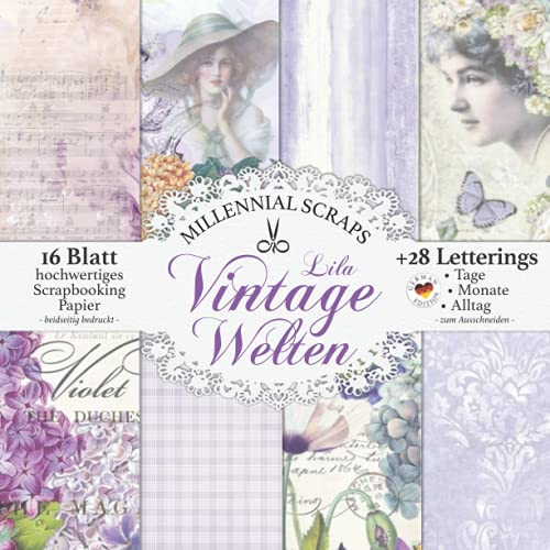 Lila Vintage Welten: Scrapbooking Papier & Zubehör I 16 Blatt + Letterings zum Ausschneiden I Junk Journal Dekor I Geschenkidee für Journaling Liebhaber & Bastelfreunde