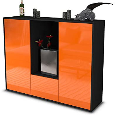 Stil.Zeit Highboard Kommode Renata, Korpus anthrazit matt, Front Hochglanz-Design Mandarine (136x108x35cm), Push-to-Open Technik & Leichtlaufschienen