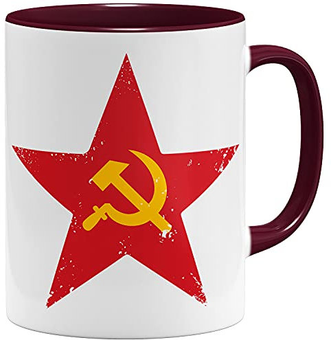 OM3® Soviet-Star Kaffee-Tasse mit Hammer und Sichel Symbol - Roter Stern - Retro Design - Keramik Becher - 325ml - Beidseitig Bedruckt - Bordeaux