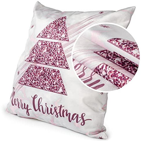 ANRO Kissenbezug Weihnachten Kissenhülle Dekokissen Kissen Weihnachtsmann Weihnachtsbaum Weihnachtskissen Weihnachtsbaum Rosa 45x45cm mit Füllung Samt