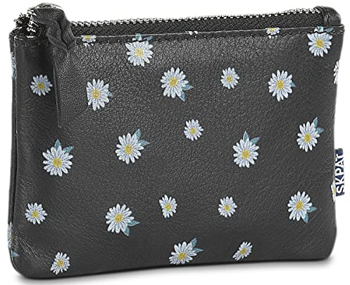 SKPAT - Geldbörse Damen Leder - Strapazierfähige Portmonee Damen Leder - Geldbeutel Damen. Damen-Geldbörsen. Portemonnaie Damen Leder mit Mehreren fächern, Schwarze Gänseblümchen