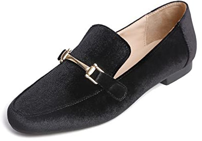 Feversole Women's Fashion Dress Comfort Low Heel Office Penny Loafer Flats Black Velvet Size UK 6