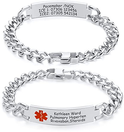 FLHEART Medizinische Alert Armbänder Herren : Personalisiert Edelstahl Klotzige Kandare Kette Medizinisches ID Notfallarmband Individuell SOS Identifikation Armband für Männer Jungen,Silber,7.5 Zoll