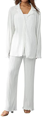 Bellezasourire Zweiteiler Damen Sommer Plissee Set Elegant Hosenanzug Button Down Langarmshirt + High Waist Freizeithose Weite Hose Sommer Herbst Outfit Casual Loungewear Streetwear(S,Weiß)