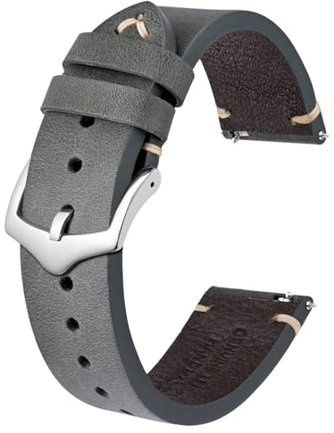 BISONSTRAP Uhrenarmband für Herren, Handgefertigte Stiche Leder Armband, Schnellverschluss, 18mm, Grau mit Silberner Schnalle