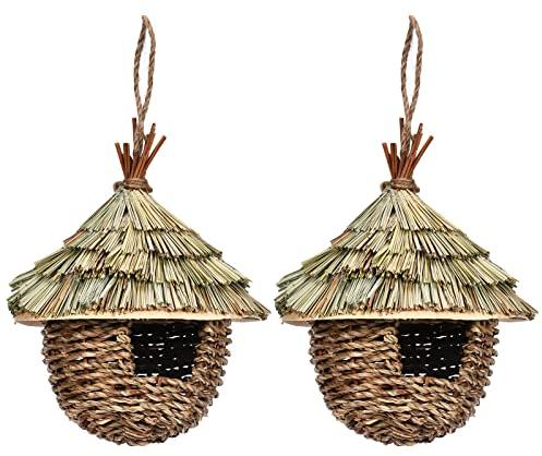 Nido de Pájaro Salvaje Al Aire Libre, 2 Pajareras Nido de Paja Colgante, Casa para Comida de Pajaros Exterior, Adecuados para Pájaros Pequeños como Colibríes Y Tetas