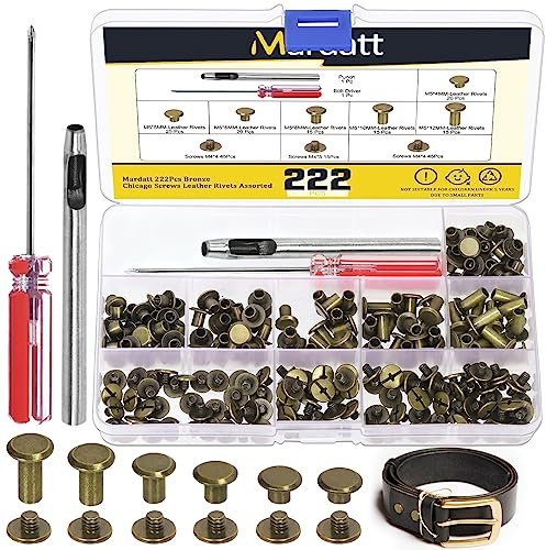 Mardatt Lot de 222 vis Chicago de 6 tailles assorties avec outils de réglage, M5 x 4/5/6/8/10/12 mm, rivets en cuir M5 Chicago pour réparation artisanale du cuir (bronze)