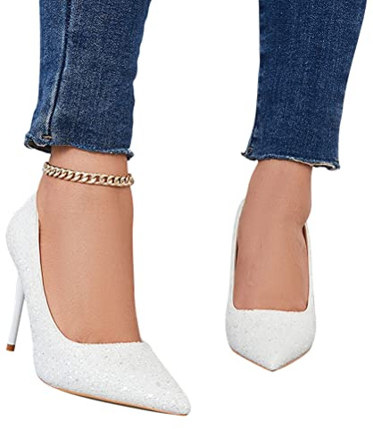 Minetom Stiletto High Heels Damen Pailletten Pumps Spitz Party Sandalen Schuhe Geschlossen Hochzeit Abendschuhe Sommerschuhe Brautschuhe Schuhe A Weiß 43 EU