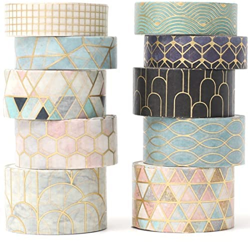 YUBX Kreatives Washi Tape Set 10 Rollen Goldfolie Druck Dekorative Abdeckbänder für Kunst, DIY Handwerk, Journals, Planer, Scrapbook, Verpackung (Geometrische Reihenfolge)