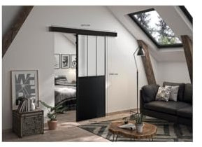 OPTIMUM Schiebetür-Set + Schiene Atelier – H 204 x B 83 x T 4 cm – Schwarz satiniertes Glas