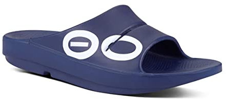 OOFOS OOahh Slide - Lightweight Recovery Footwear - Reduces Stress on Feet, Joints & Back - Machine Washable, Navy White, 6 Women/4 Men