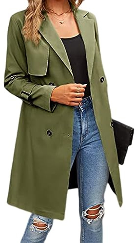seiveini Damen Trenchcoat Lang Mantel Herbst Frühling Winddicht Jacke Übergang Jacke Elegant Mäntel mit Gürtel Slim Fit Winddichter Jacken Frühlingsmantel Sommermantel Einfarbig A Armeegrün L