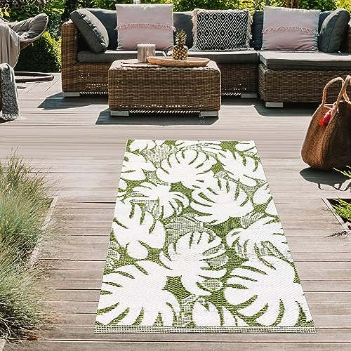 Teppich-Traum Outdoor-Teppich Plastik Kunststoff wetterfest pflegeleicht Wohnmobil Camping Picknick Strand Balkonteppich Läufer Tropische Palmen-Blätter grün weiß 90 x 150 cm