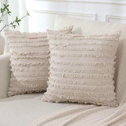 JOTOM Dekorative Kissenbezug mit Tassel Boho Fransen Dekokissen Bezug Weich Kissenbezüge Quaste Dekor Kissenhülle für Sofa Schlafzimmer Wohnzimmer 2er Set (45 x 45 cm, Beige)