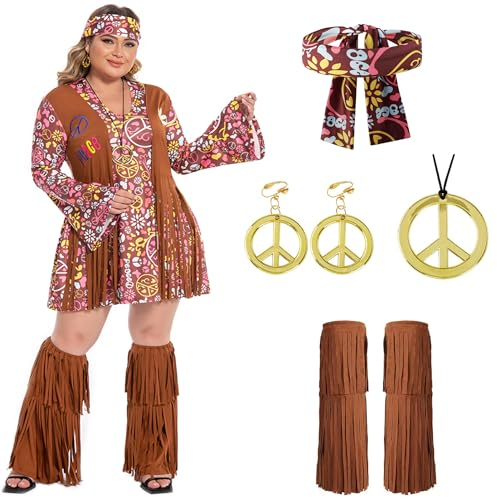 cuteDIY Kostüme Übergröße Faschingskostüme XXL Hippie Kostüm Damen Kleidung 70er Jahre Bekleidung Kleid Frau