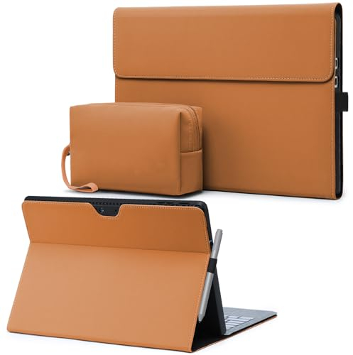 HYZUO Hülle für Surface Pro 11 2024, Surface Pro 10 2024, Surface Pro 9 2022, Mehrwinkelbetrachtung Folio Ständer mit Stylus Halter, Kompatibel mit Typ Tastatur, mit Zubehörtasche, Braun