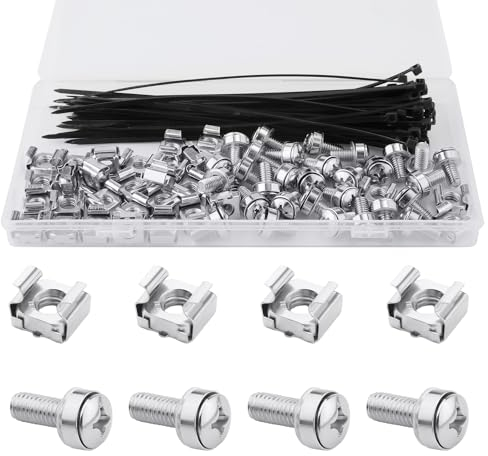30stk M6x20 Käfigmuttern und Schrauben für Rackmontage, mit 50stk Kabelbindern Edelstahl-Befestigungsschrauben und Vierkantmuttern Zubehör für Server-Rack Schrank Router Regale (Silber)