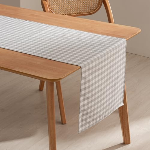 GAMUSI Chemin de table rectangulaire anti-taches imperméable Vichy à carreaux 45 x 170 cm Toucher tissu coton respirant et doux Gris clair