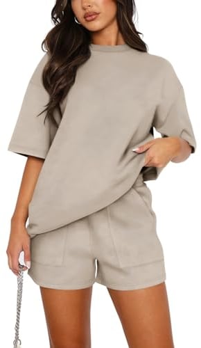 REORIA Damen Tracksuit Kurzarm Rundhalsausschnitt Einfarbig Zweiteiler Hausanzug Loungewear Outfit Jogger Trainingsanzug Set Khaki M