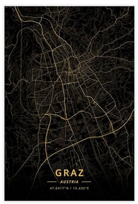 Graz Österreich, Stadtkarten-Poster, Leinwand-Poster, Schlafzimmer-Dekor, Sportlandschaft, Büro, Raumdekoration, Geschenk, ungerahmt, 30 x 45 cm