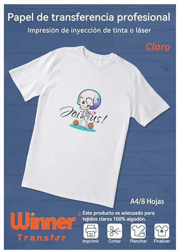 WinnerTransfer-Paper transfer para tejito claro,Fácil de transferir y colores brillantes.Papel de Transferencia,Sin Impresión de Espejo(A4x8 Hojas)，Apto para InkJet &laser