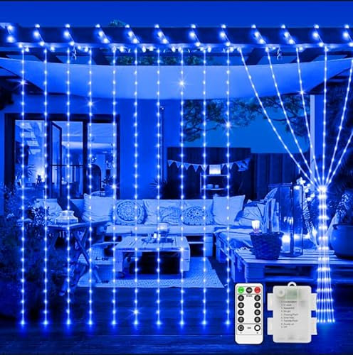 200 LED Curtain Fairy Lights Outdoor Waterproof 2M*2M String Lights Battery Operated with Remote Timer 8 Modes Window Lights for Garden Patio Gazebo Wedding Party Indoor Bedroom Decoration-Blue
