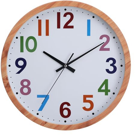 NUOVO Imitationsholzmaserung Rahmen Design Wanduhr mit arabischen farbigen Zahlen, einfach und leicht zu lesen, geeignet für ruhige Wanduhren in Wohnzimmer, Schlafzimmer, Büros